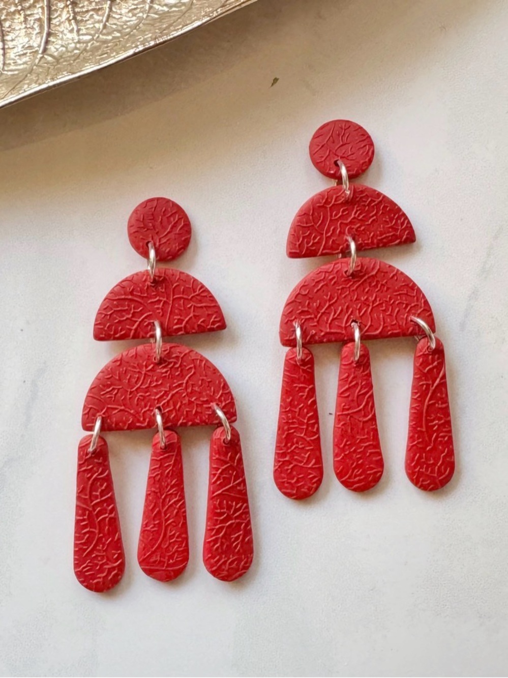 Handmade Polymer Clay Red Textured Geometric Dangle Earrings